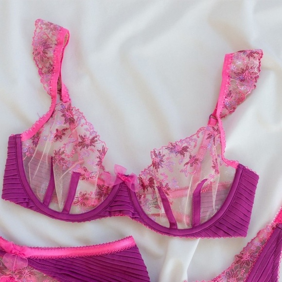 For Love and Lemons Ophelie Mesh Floral Underwire Bra Pink XXS - Picture 1 of 8
